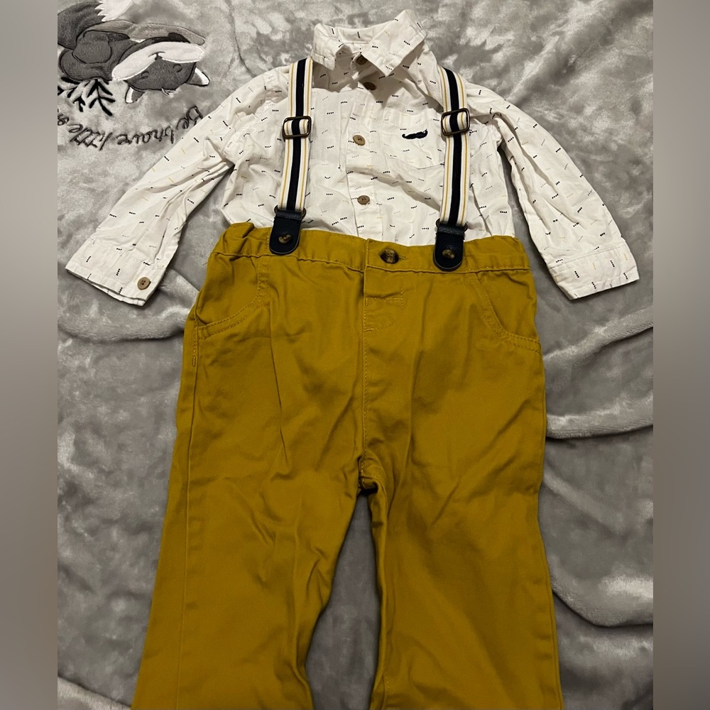Little Gent Boys Bodysuit Shirt & Chino Pants with Braces Outfit Size 6-12 Mths